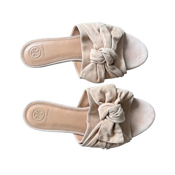Tory Burch Annabelle Bow Accent Slides Beige Suede - Picture 1 of 7